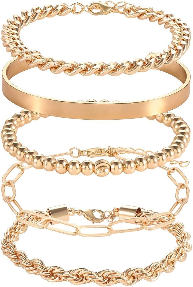 Chunky Link Chain Bracelets for Women Girls Stackable Brass Bead Stretch Bracelet Dainty Open Cuf... | Amazon (US)
