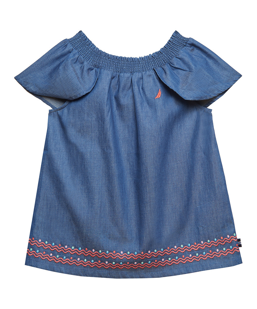 Nautica Girls' Blouses CHAMBRAY - Blue Chambray Smock-Neck Embroidered Hem Top - Toddler | Zulily