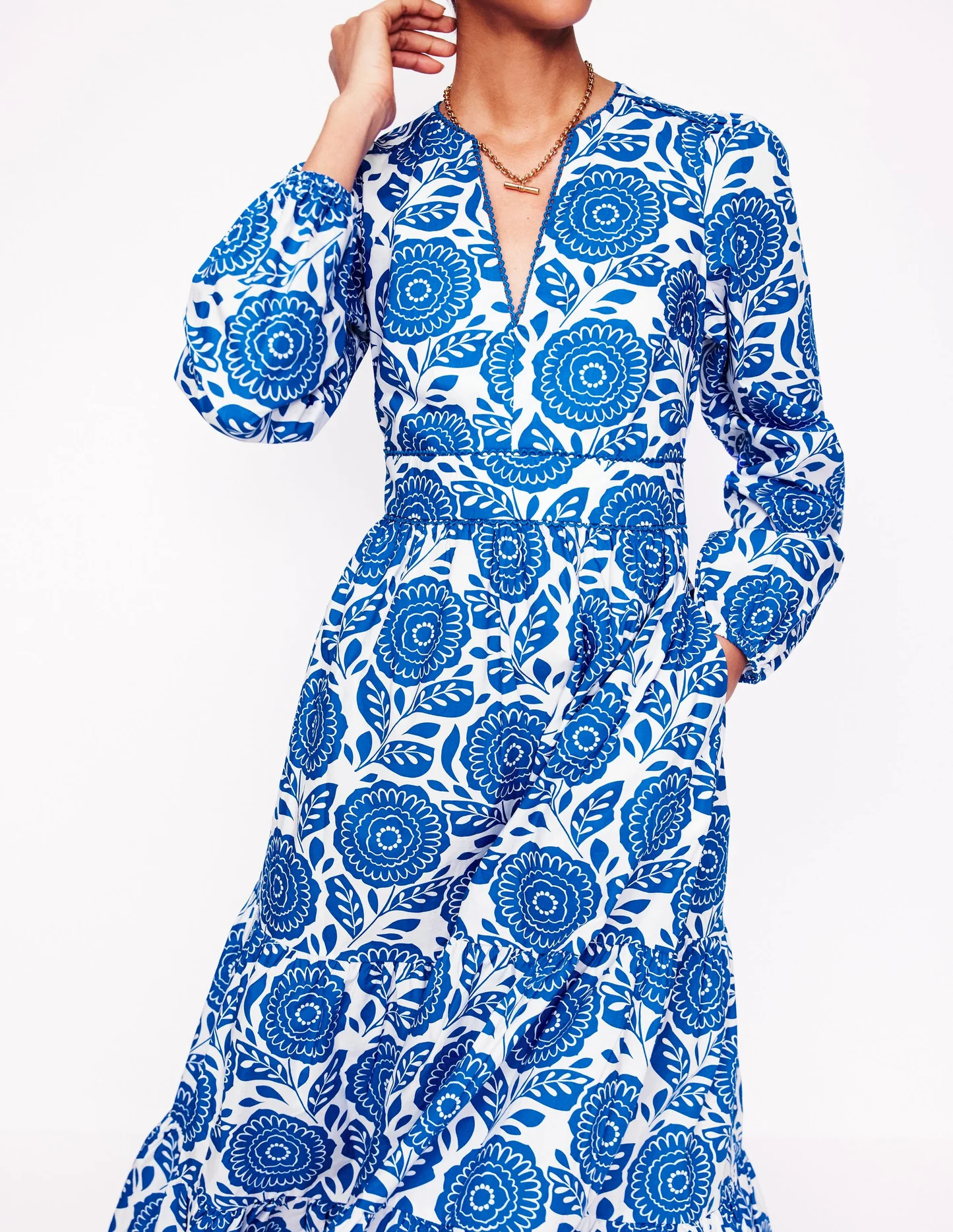 Violet Cotton Midi Dress-Gallery Blue, Dahlia Stamp | Boden (US)