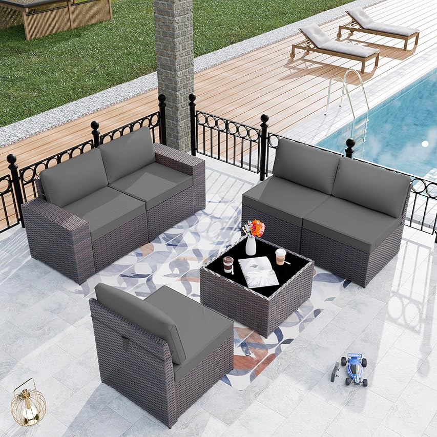 SUNVIVI OUTDOOR Patio Furniture Sets, 7 Piece All-Weather Grey PE Wicker Furniture Set, Patio Sectio | Amazon (US)