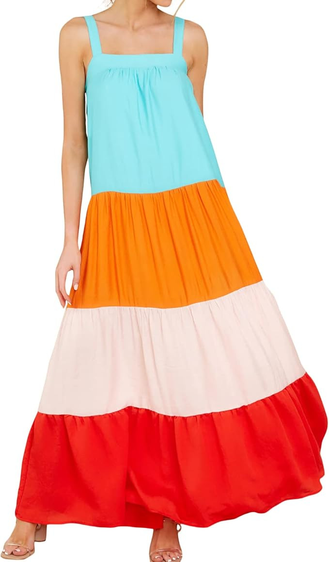 Women's Square Neck Puff Sleeve Rainbow Color Dress Ruffle Flowy Smocked Summer Dresses | Amazon (US)