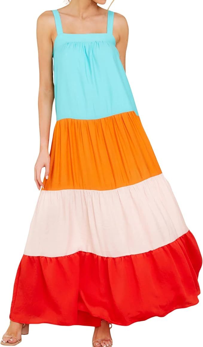 Women's Square Neck Puff Sleeve Rainbow Color Dress Ruffle Flowy Smocked Summer Dresses | Amazon (US)