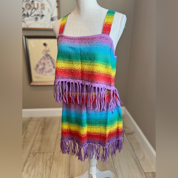 New! SET! QUEEN OF SPARKLES Rainbow Stripe Rhinestone Fringe Skirt Set | Poshmark
