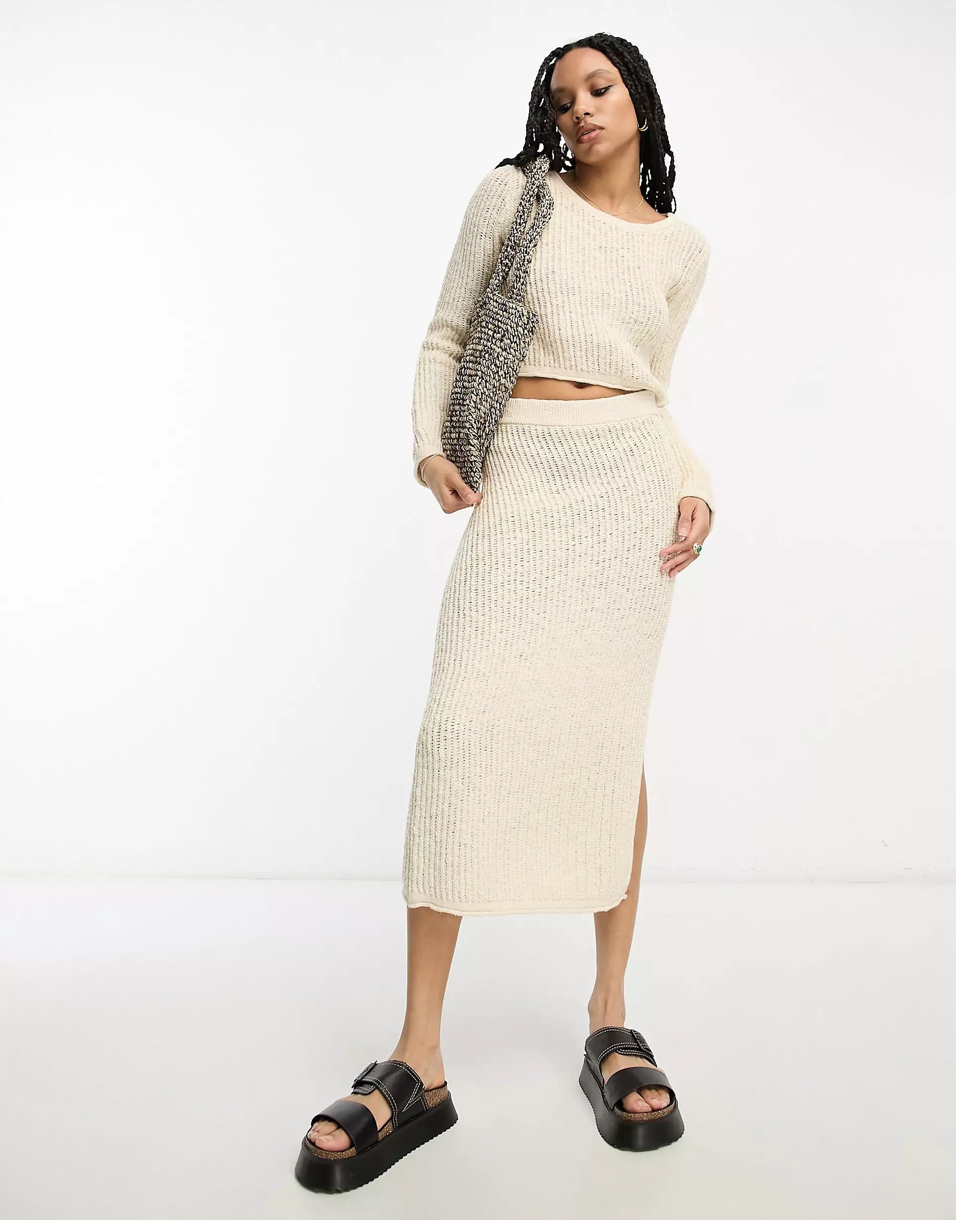 ASOS DESIGN knitted maxi skirt in textured ladder stitch in cream - part of a set | ASOS (Global)