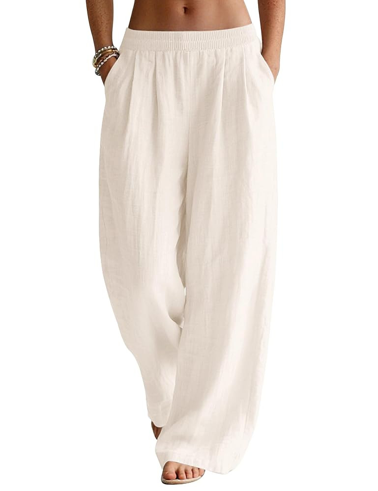 LOMON Linen Pants Women Wide Leg Palazzo Summer Flowy Pants Beach Vacation Clothes Elastic Waist ... | Amazon (US)