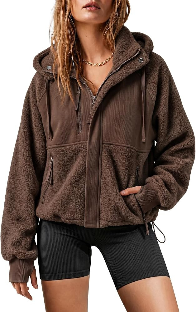 Fisoew Womens Sherpa Fleece Hooded Jackets Zip Up Oversized Casual Coats | Amazon (US)