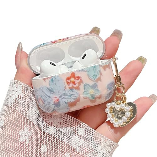 PHOEACC Cute Airpod Pro 2 Case Aesthetic Oil Painting Flower with Heart Keychain Protective Cover Compatible with AirPods Pro 2nd/1st Generation Case for Girls Women (Blue Pink Floral) | Amazon (US)