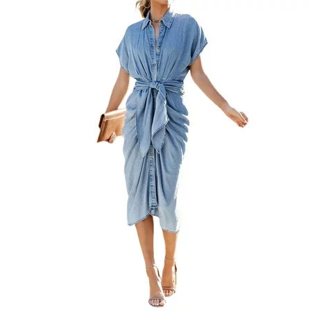 Women s Button Down Denim Shirt Dress Tie Front Ruched Short Sleeve Lapel Jean Dresses Summer Vintage Streetwear | Walmart (US)