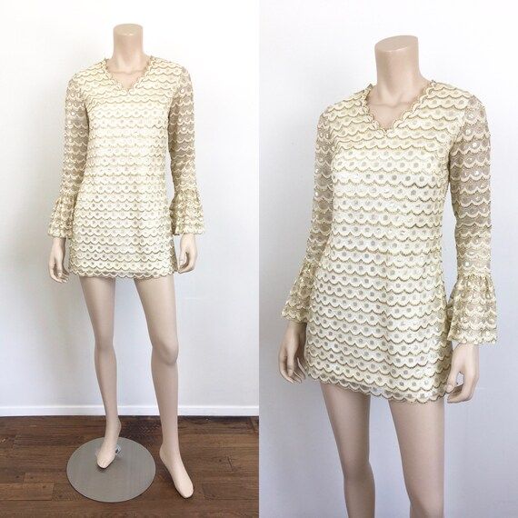 Vintage 1960s GOLD METALLIC & White LACE Micro Mini Dress | Etsy | Etsy (US)