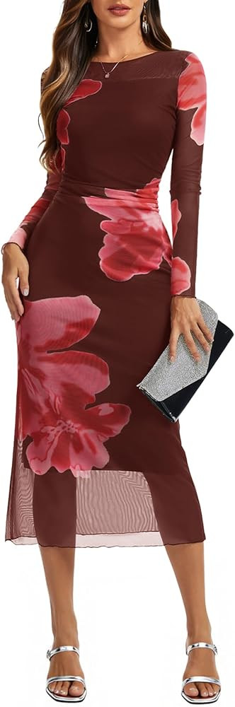 Dressystar Women’s Long Sleeve Maxi Cocktail Dress 2025 Fall Ruched Floral Print Bodycon Mesh F... | Amazon (US)
