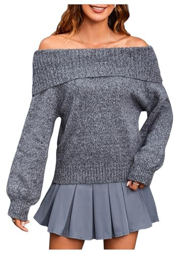 MakeMeChic Women's Off The Shoulder Sweater Oversized Long Sleeve Off Shoulder Sweaters Tops Dark Grey Medium | Amazon (US)