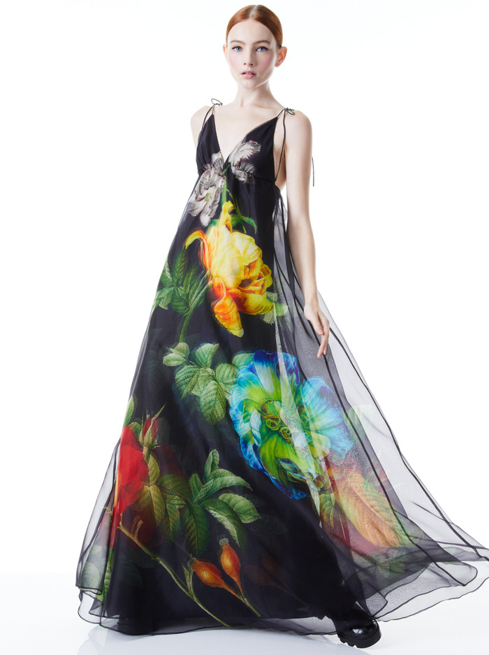 MASSIE TIE STRAP PRINTED GOWN | Alice + Olivia