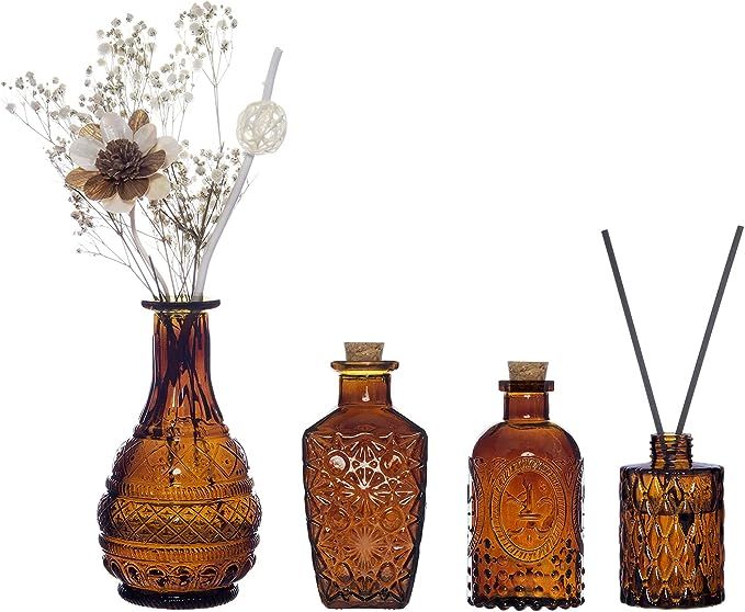 MyGift Vintage Embossed Amber Glass Decorative Reed Diffusers with Cork Lids, Small Apothecary St... | Amazon (US)