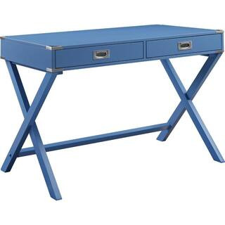 24 in. Rectangular Blue Wood Top 2-Drawer Writing Desk with Round Metal Handles | The Home Depot