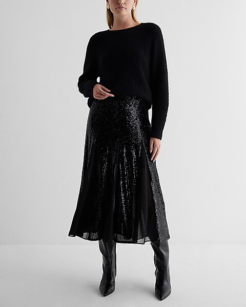 High Waisted Sequin Pleated Midi Skirt | Express