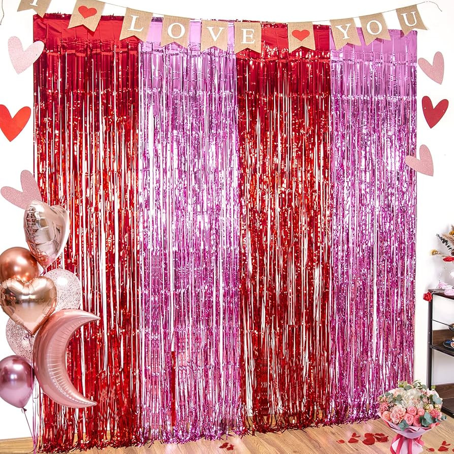 LOLStar 3 Pack Valentines Foil Fringe Curtains Valentine's Day Party Decorations 3.3X6.6 ft Red P... | Amazon (US)