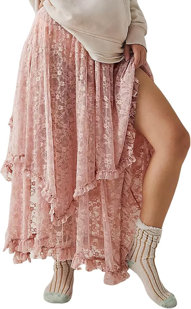Yimoon Lace Skirts for Women Flowy Boho Maxi Skirt Elastic Asymmetrical Layered See-Through Long ... | Amazon (US)