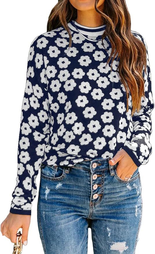PRETTYGARDEN Women's Knit Sweater Casual Crewneck Long Sleeve Floral Print Lightweight Pullover S... | Amazon (US)