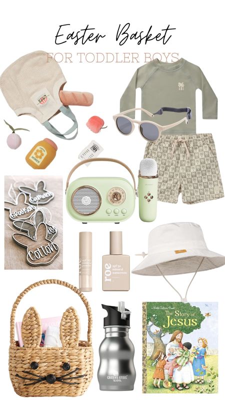 Finally finalized Van’s toddler Easter  basket this year! The cutest wicker basket filled with all the spring must haves: toddler swim board shorts swim trunks and rash guard, kids sunscreen (code: ERIN), sun hat, Easter basket name tag, Easter book, kids water bottle, sunglasses, and more! Everything is from Amazon, Rylee and Cru, Crate and Kids and target 

#LTKfindsunder50 #LTKfamily #LTKkids