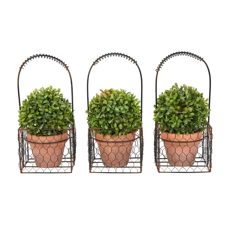 Faux Boxwood 3 Matching Realistic 9.5" Tall Topiary Arrangements in Decorative Metal Baskets fo... | Target