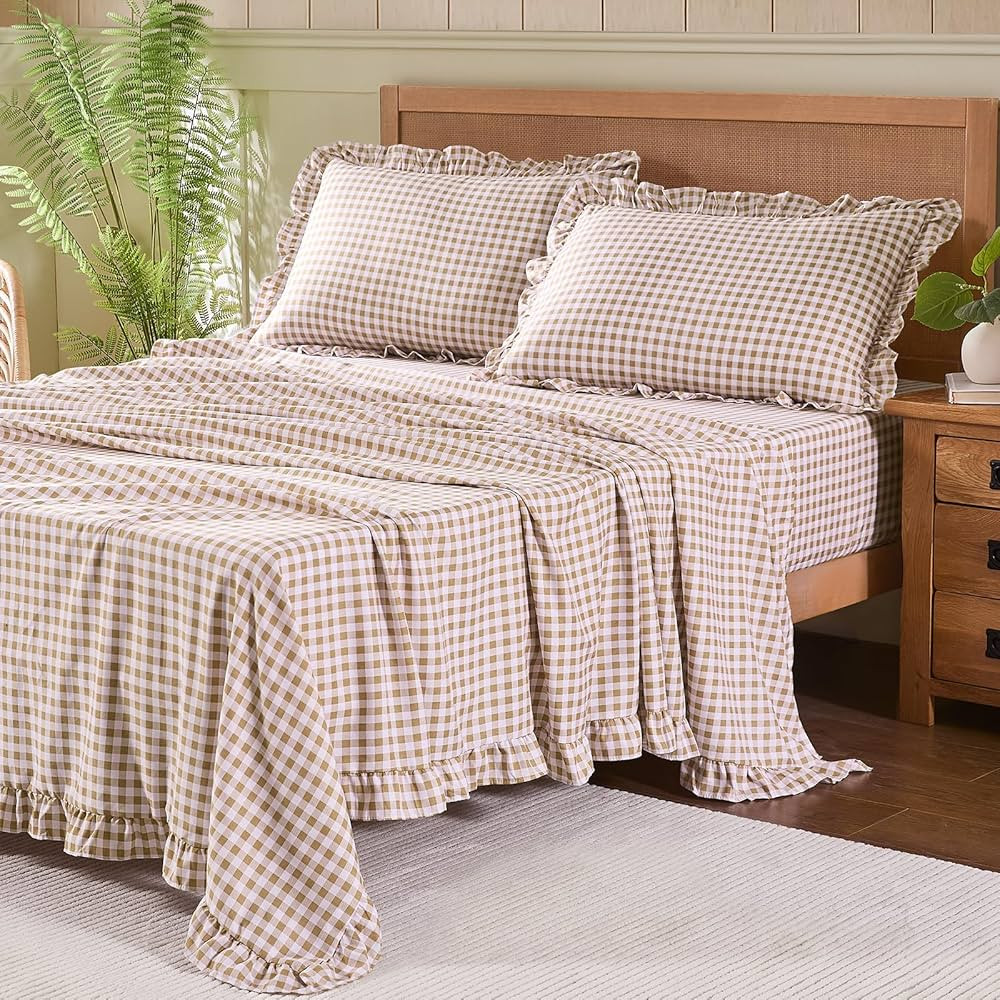 Gingham Queen Sheet Set, Lightweight Super Soft Brushed Microfiber Plaid Bed Sheets with 16" Deep... | Amazon (US)