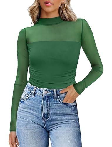 WIHOLL Women's Mock Turtle Neck Fitted Long Sleeve Tops Sheer Mesh Ruched Trendy Going Out Shirts Blouse Green L | Amazon (US)