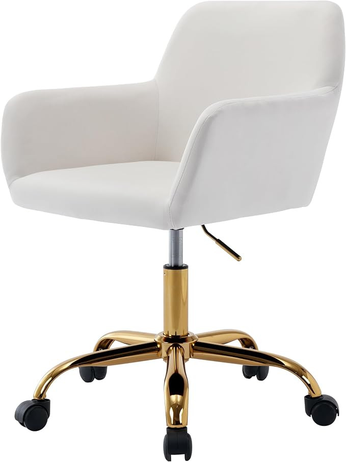 Office Velvet Faux Fur Vanity Desk Chair with Golden Base, White | Amazon (US)