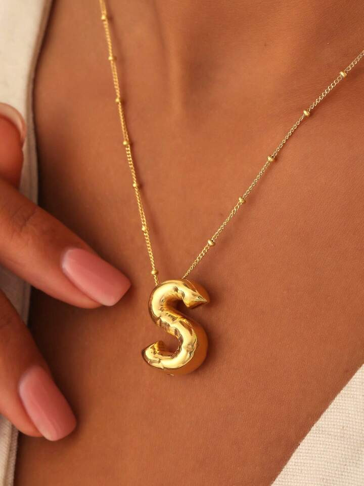 1pc Gold Plated Copper Chunky Alphabet Balloon Bubble Initial Letter Pendant Necklace for Women M... | SHEIN