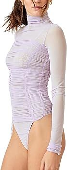 Ugerlov Women's Long Sleeve Mesh Bodysuit Mock Turtleneck See Through Jumpsuit Bodysuit Top Sheer... | Amazon (US)