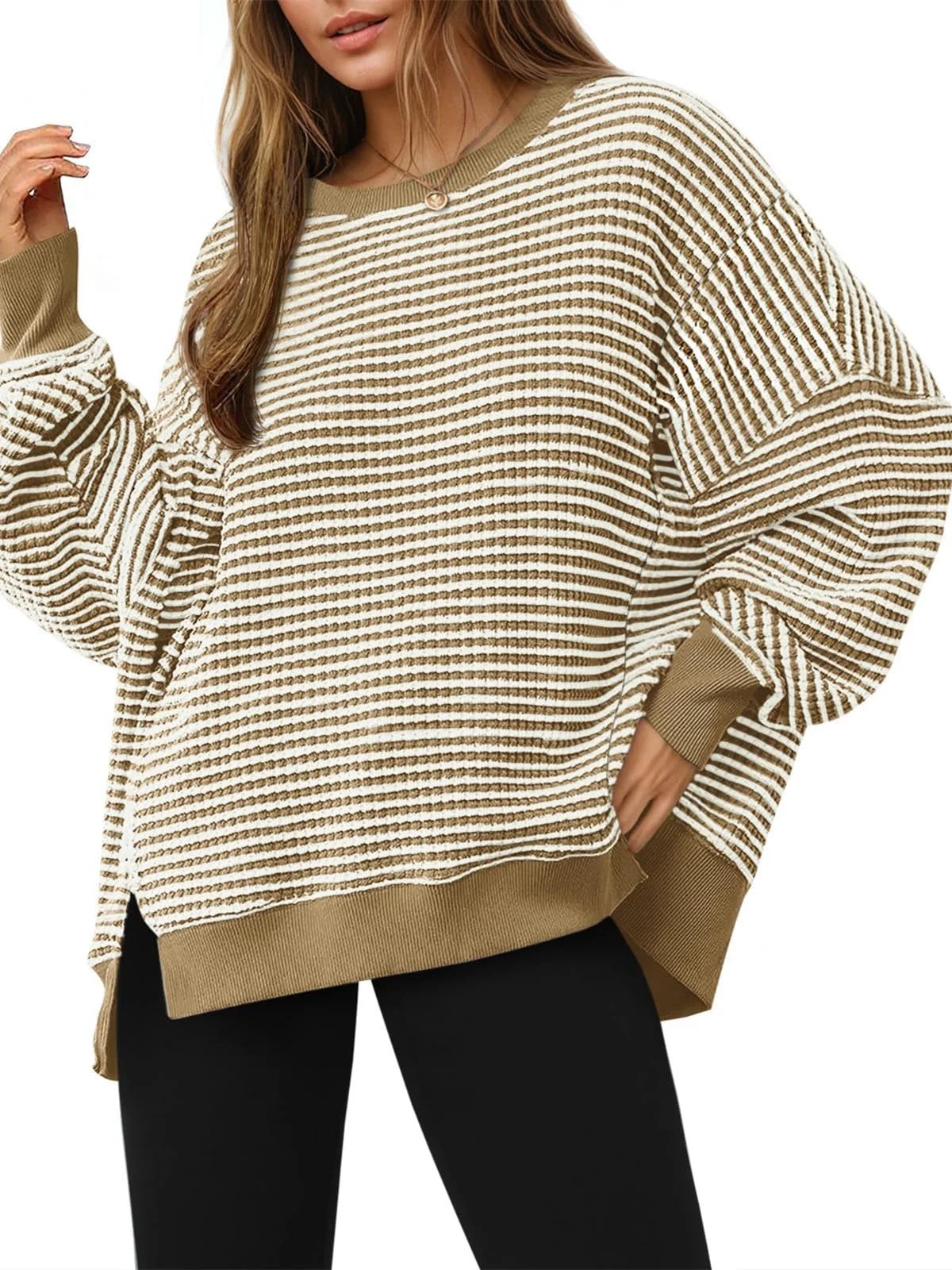 Women's Fall Oversized Sweatshirt Casual Waffle Knit Long Sleeve Crewneck Split Pullover Tunic To... | Walmart (US)
