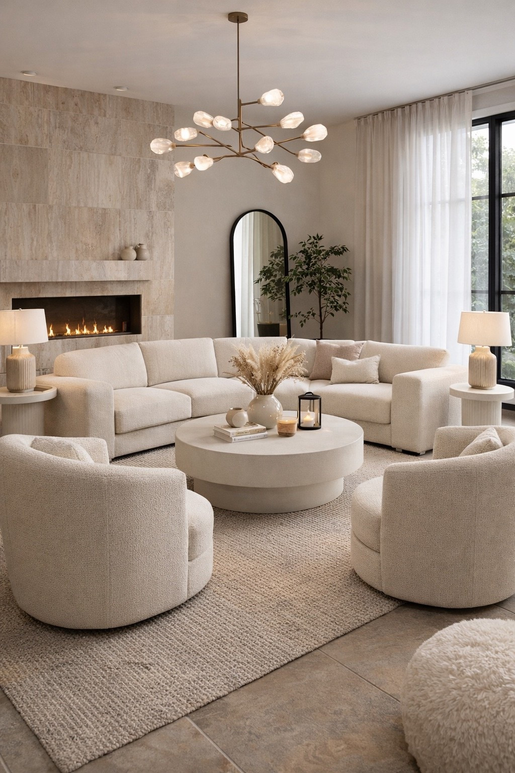 A serene modern living room designed in soft neutral tones featuring a curved sofa, plush boucle chairs, and a round statement coffee table. The contemporary chandelier and minimalist fireplace create a sophisticated focal point, while warm textures and natural light bring a calm, cozy luxury atmosphere. This interior blends modern minimalism with timeless elegance, perfect inspiration for a stylish and relaxing living space.

#luxurylivingroom #modernlivingroom #neutraldecor #beigedecor #minimalistinterior #curvedsofa #modernhome #interiordesign #livingroominspo #homedecor #modernluxury #cozylivingroom #neutralinterior #interiorinspiration #luxuryhome