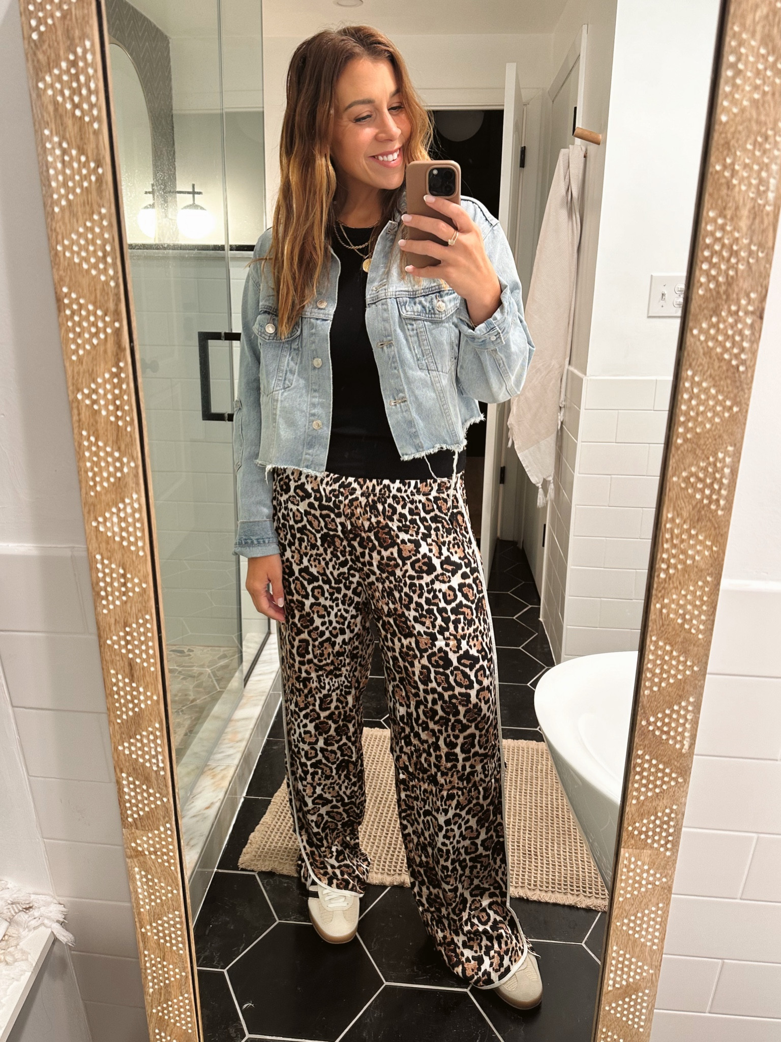 Maybe I should find a new selfie spot. 🐆 These pants are like wearing pajamas and I’m here for it.  The Amazon cropped jean jacket again….
Pants: M (size down) 

#LTKStyleTip #LTKMidsize #LTKFallSale