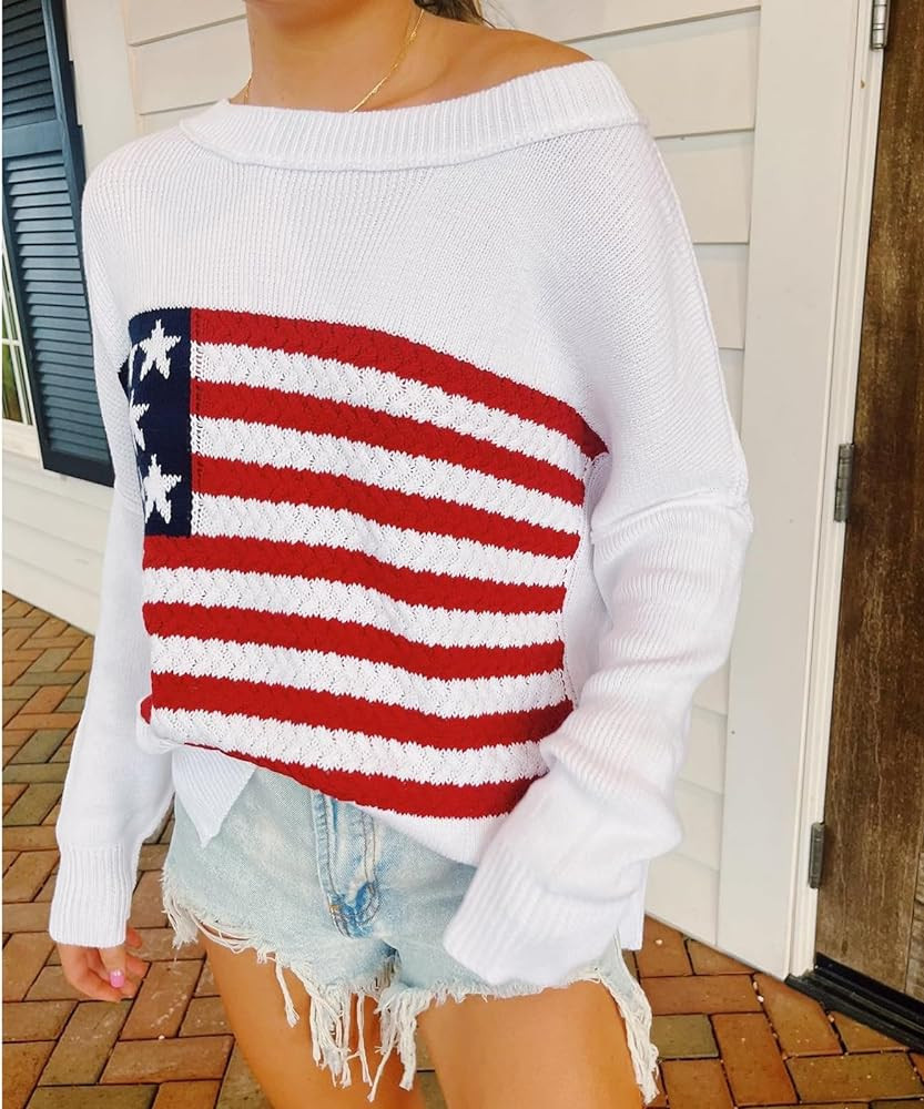 KMBANGI Women American Flag Sweater Graphic Loose Vintage Long Sleeve Crewneck Knitted Jumper Top... | Amazon (US)