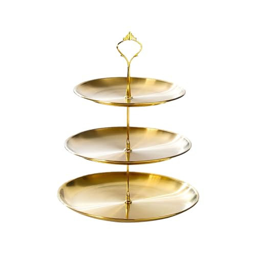 DTSFHTDAL Stainless Steel 3 Tier Cupcake Stand, Tiered Trays Three Layer Cake Stand 3 Tier Serving Tray Platters for Pastry Dessert Candy Fruit Tea Party Wedding Platter (Gold) | Amazon (US)
