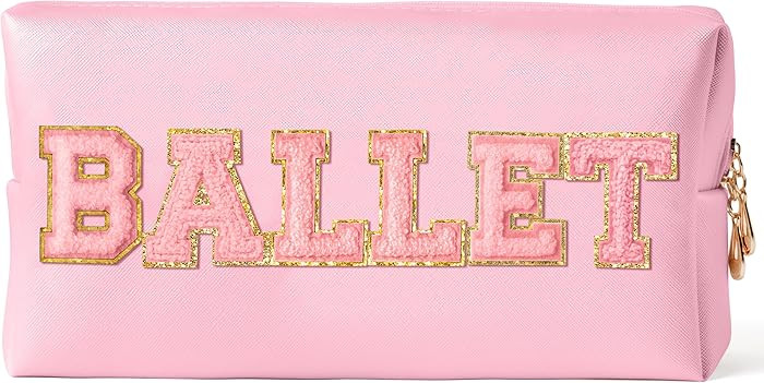 Y1tvei Ballet Cosmetic Bag for Girls - Preppy Patch BALLET Pink Chenille Letter Makeup Bag PU Lea... | Amazon (US)
