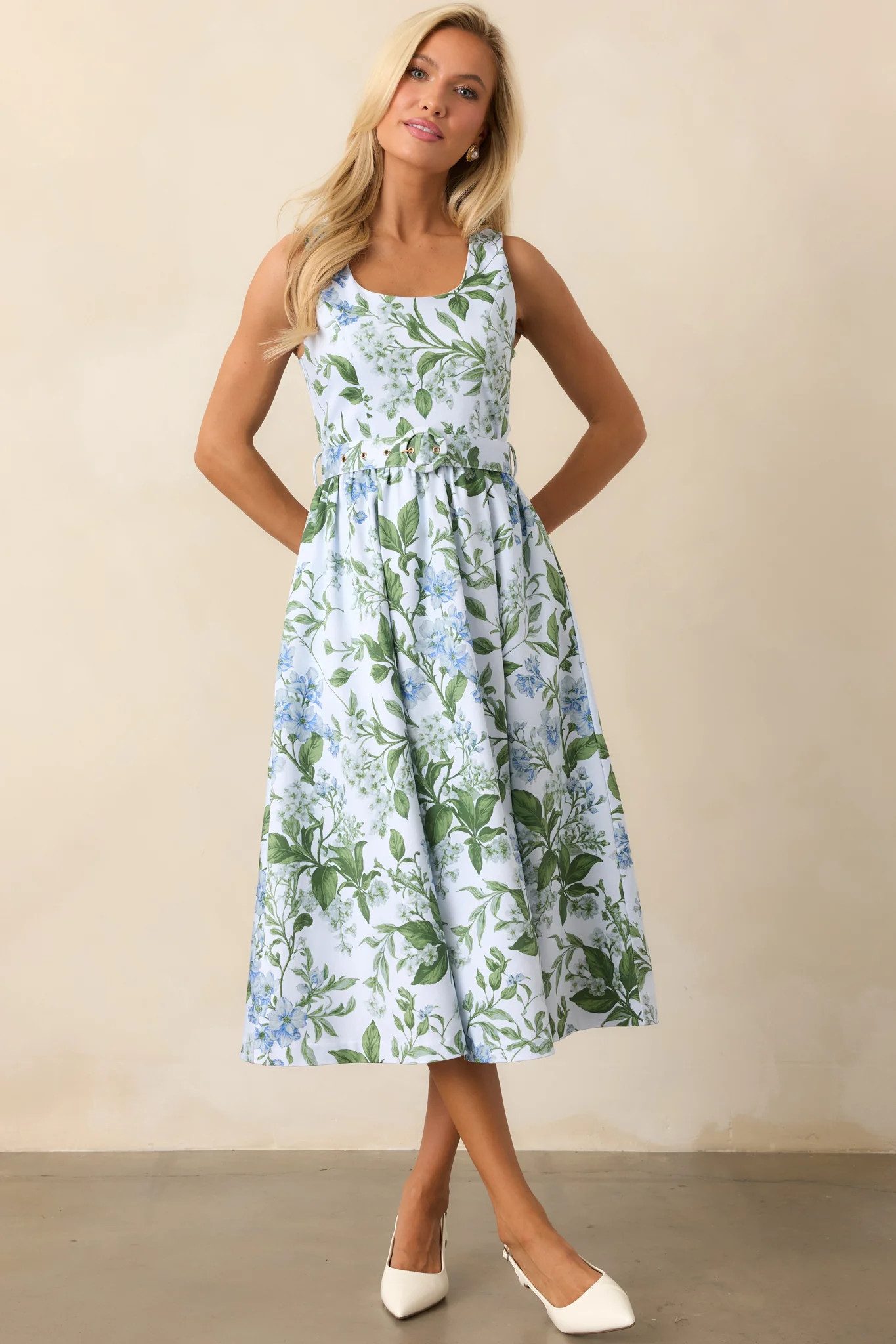 Ava Blue Lilacs Botanical Print Cotton Belted Midi Dress | Red Dress