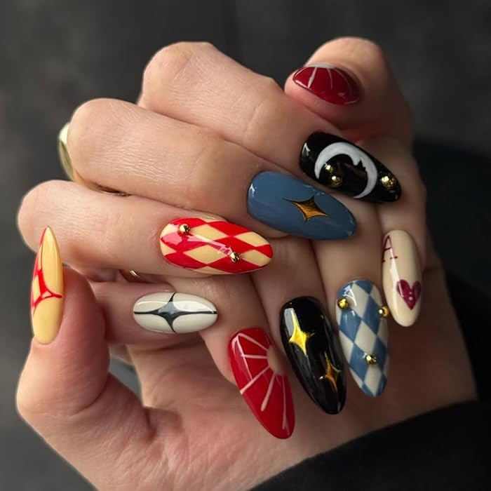 plalely Almond Press on Nails Long Colorful Fake NailTarot Style Acrylic Nail Press ons Lunna Sti... | Amazon (US)