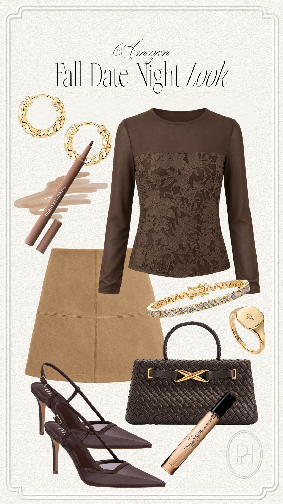 Amazon finds I'm loving for a fall date night look!

fall fashion, fall style, fall looks, fall outfit, date night outfit, sheer sleeve top, sheer sleeve blouse, brown top, suede skirt, tan mini skirt, neutral skirt, neutral outfit, brown pumps, brown high heels, sheer pumps, brown handbag, roll on perfume, lip liner, lip color, gold hoop earrings, gold earrings, gold ring, tennis bracelet 

 #LTKgrwm #LTKootd #LTKSeasonal