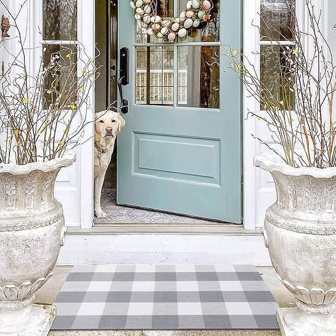 EARTHALL Buffalo Plaid Rug Grey and White Rug 2'x3', Cotton Hand-Woven Buffalo Check Door Mat, Wa... | Amazon (US)
