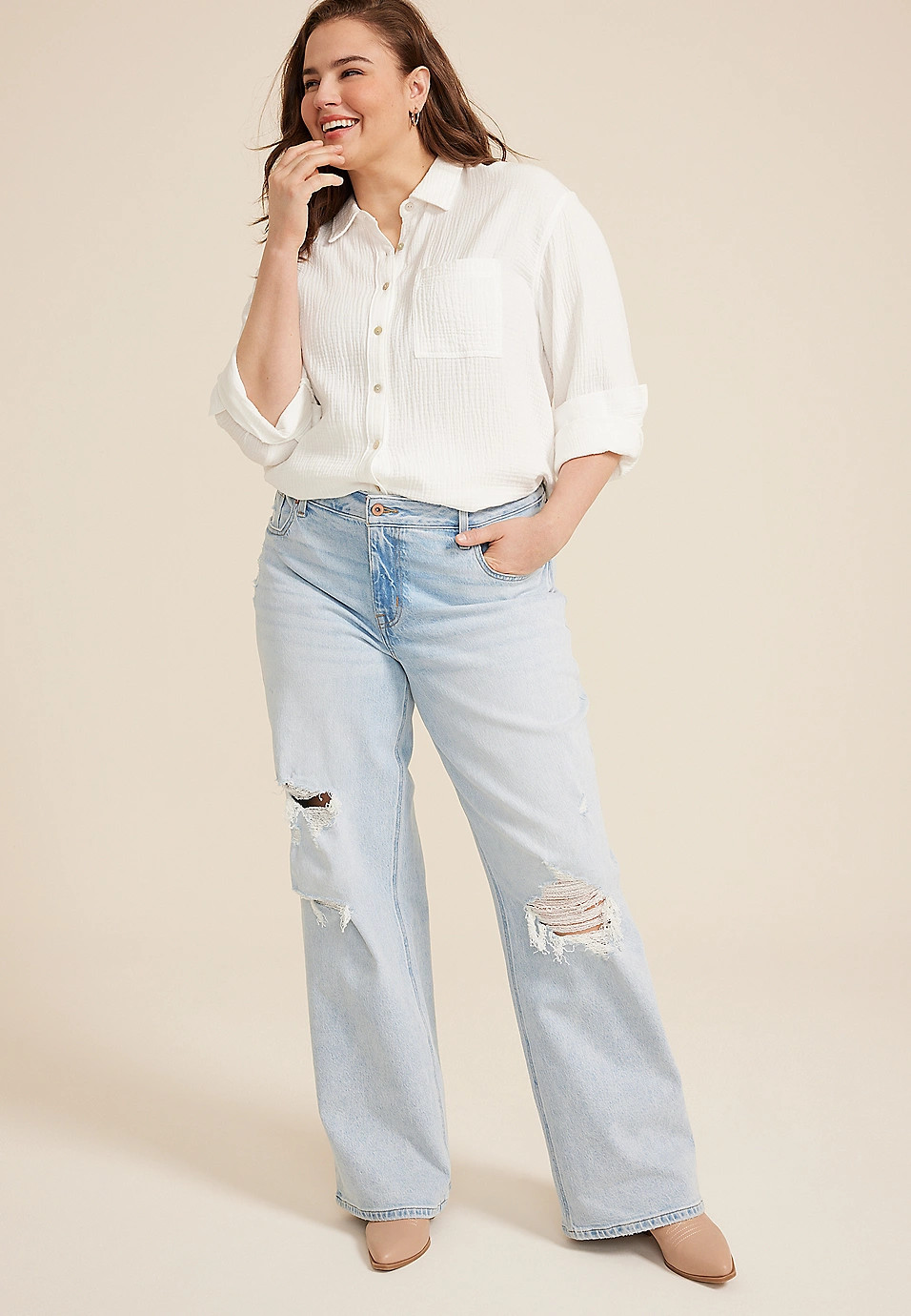 Plus Size edgely™ High Rise Ripped Wide Leg Jean | Maurices