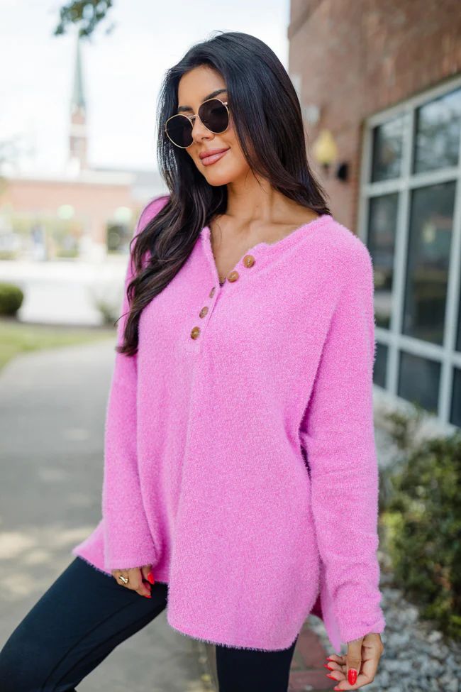 Thinking Of You Hot Pink Fuzzy Henley Sweater SALE | Pink Lily