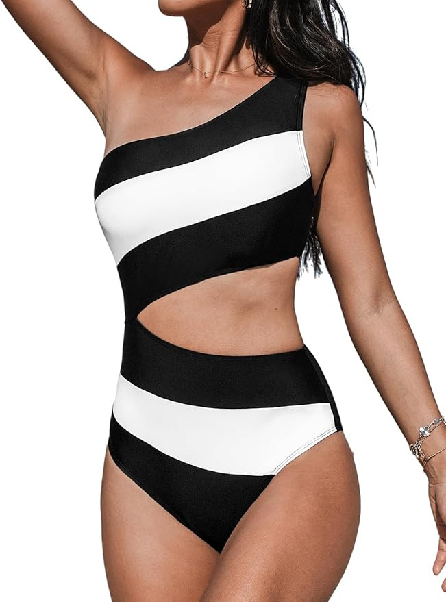 CUPSHE Women's One Piece Swimsuit One Shoulder Bathing Suit Cutout Color Block Swimwear | Amazon (US)