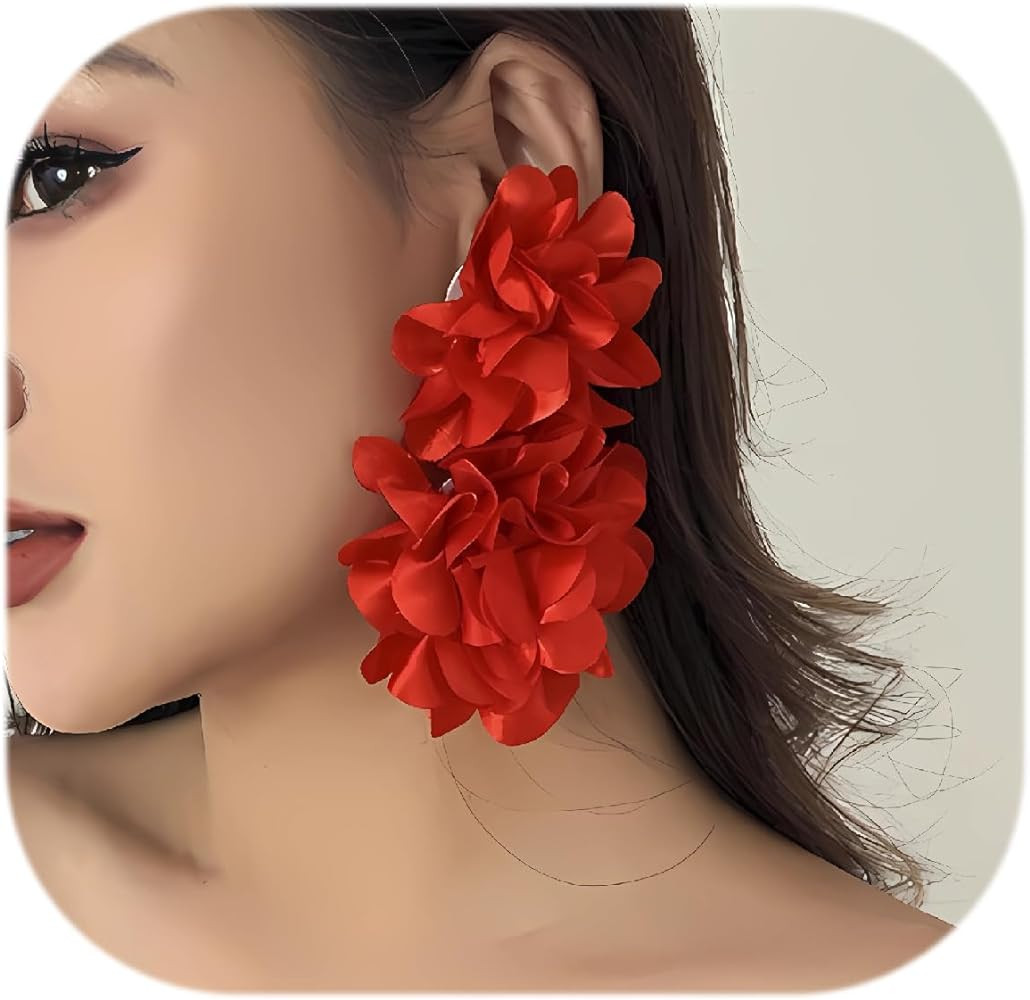 Big Flower Drop Earrings for Women Long Fabric Floral Dangle Earrings Bohemian Exaggerated Statem... | Amazon (US)