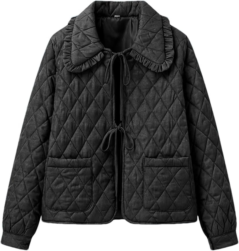 Women's Quilted Lightweight Jackets Long Sleeve Winter Cropped Cotton Padded Coat Jacket Tie Fron... | Amazon (US)