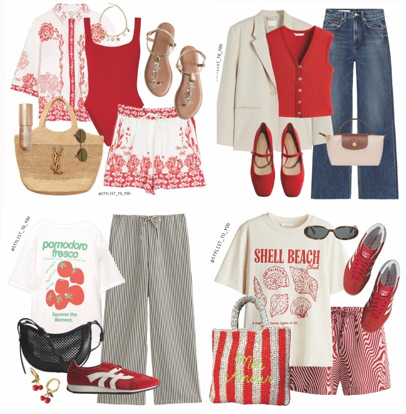 Red 4 ways for Spring Summer 2025 ❤️🍷🍉🍅

A collage of four stylish outfits featuring red tones in different styles. The first outfit is a chic look with dark wash denim jeans, a red waistcoat tank top, a cream blazer and crossbody bag and red Mary Jane sandals. The second outfit includes an oversized printed T-shirt, stripe shorts, red trainers.  The third outfit features a red shell print beach co-ord matching shirt and shorts set, a red hunza g swimsuit, gold shell sandals and a YSL motif woven straw raffia tote. The fourth outfit is a casual yet elevated summer look with a food graphic tee, black and white stripe trousers, red trainers, black mesh crossbody and cherry earrings. earthy minimalism, balanced dressing, everyday polished, essential neutrals, neutral textures, curated elegance, soft luxe, feminine neutrals, city-ready outfits, elegant yet relaxed, seasonless fashion, timeless dressing, wearable neutrals, sporty chic, relaxed streetwear, upscale casual, tonal elegance, modern basics, monochromatic styling, functional elegance, neutral essentials, elegant but effortless, sophisticated minimalism, practical luxury, sophistication

#LTKspring #LTKsummer #LTKuk