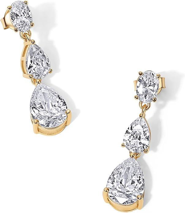 PAVOI 14K Gold Plated Cubic Zirconia Dangle Earrings for Women - Crystal Long Linear Bridal Drop ... | Amazon (US)