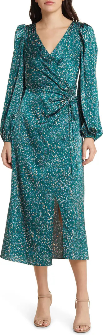 Long Sleeve Satin Faux Wrap Midi Dress | Nordstrom