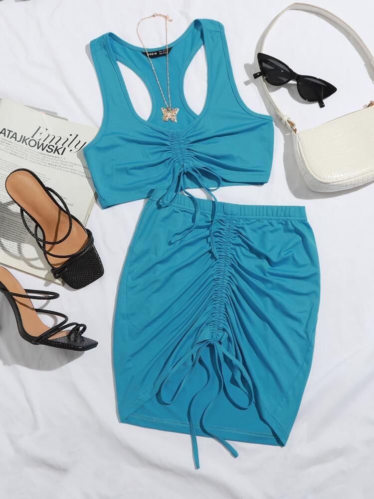 Ruched Drawstring Knot Crop Top & Bodycon Skirt Set | SHEIN