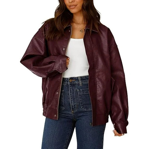 PRETTYGARDEN Women's Faux Leather Motorcycle Jacket Trendy Fall Spring Clothes Oversized Zip Up W... | Walmart (US)