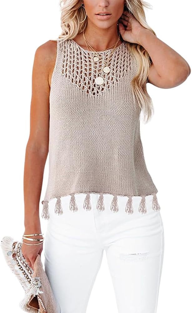 Kinghua Knit Tank Tops for Women Spring Summer Hollow Out Fringe Sleeveless Tops Trendy Beach Cro... | Amazon (US)